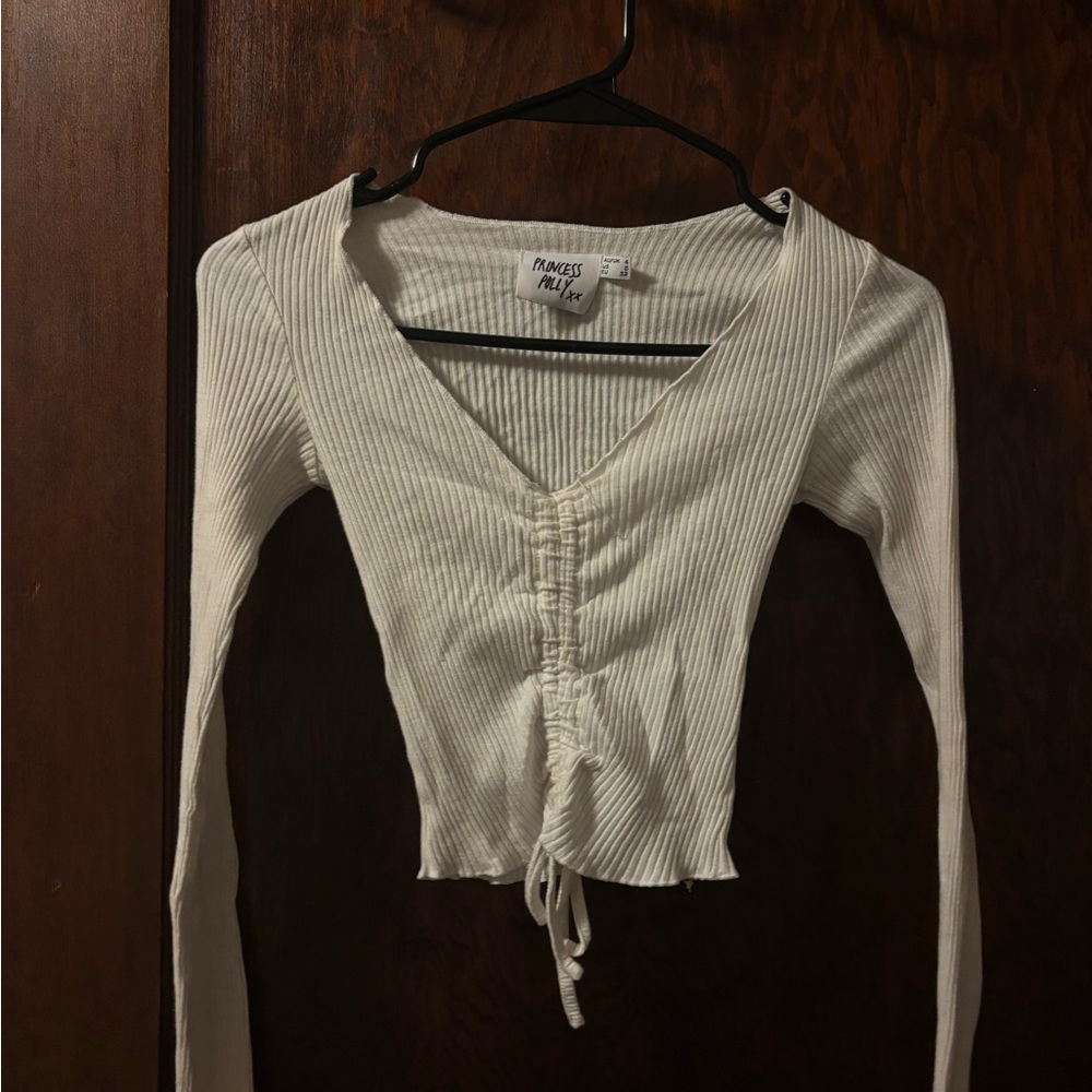 Princess Polly Cream Ribbed V-Neck Crop Top